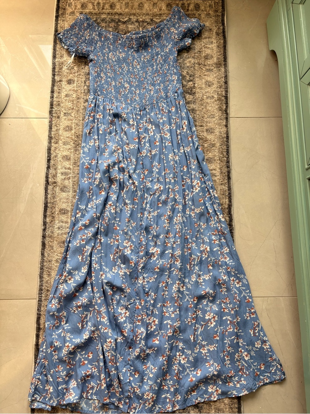 Blue Floral Off-Shoulder Maxi Dress with slits on the side